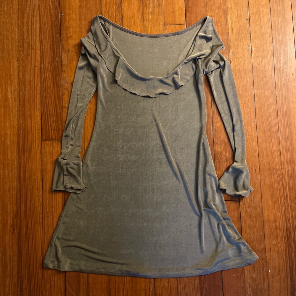 Fruity Booty Slinky Dress in Taupe Greige Grey Beige Metallic Jersey Knit Frill - Picture 8 of 8